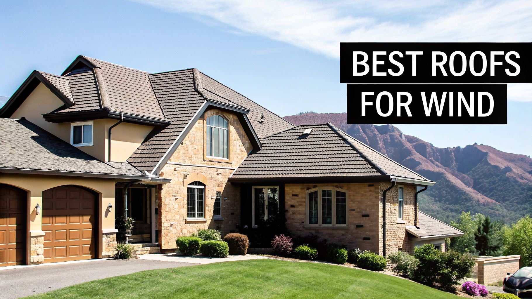 A grand house with multiple roof sections and a stone exterior, set against a backdrop of mountains and blue sky.