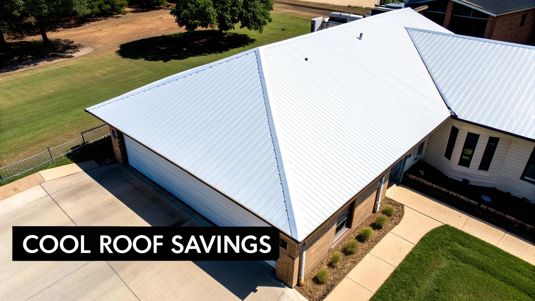 Aerial view of a house with a bright white metal cool roof and a driveway, emphasizing energy savings.