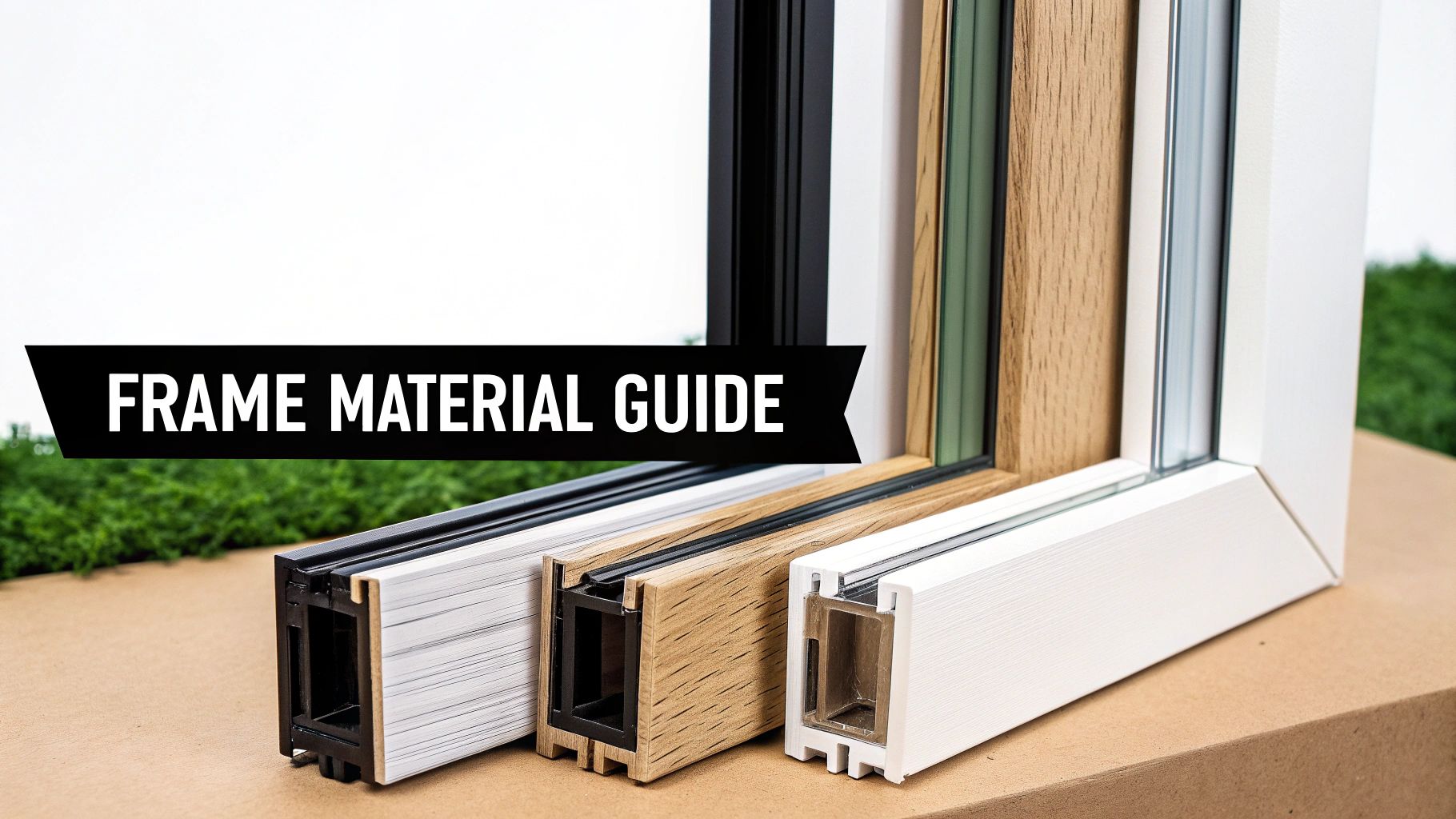 Close-up of different window frame cross-sections, showcasing various frame materials and designs from a material guide.