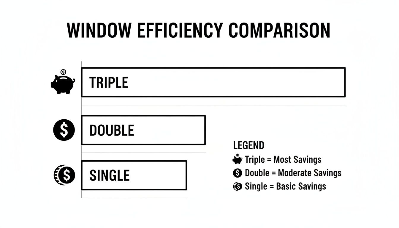 Infographic comparing window efficiency: triple pane offers most savings, double pane moderate, and single pane basic savings.