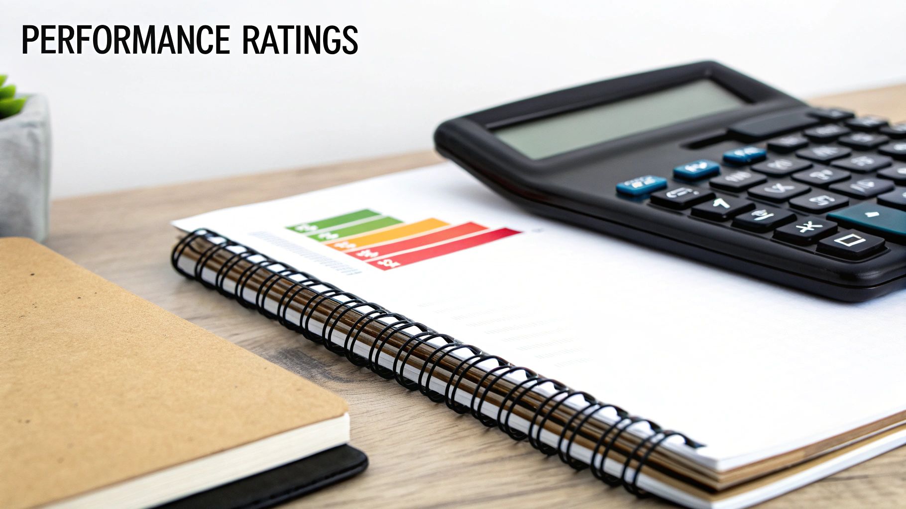 Desk setup with a calculator, a notebook showing a performance ratings graph, and a small plant.