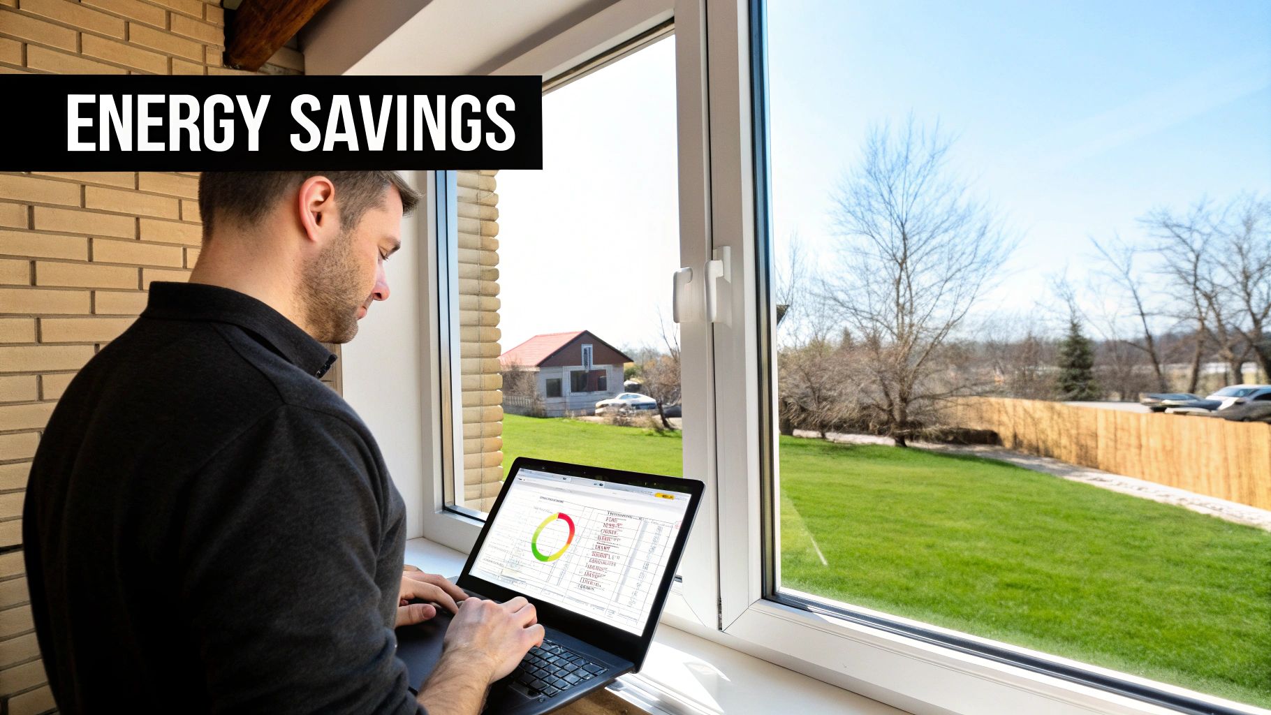 Man viewing an energy savings report on a laptop by a bright window overlooking a yard.