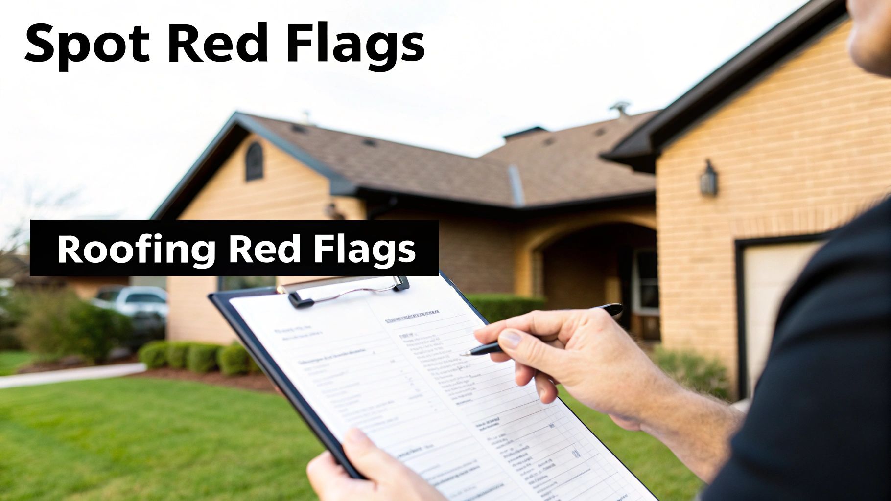 A roofer inspecting a house and writing on a clipboard, highlighting 'Roofing Red Flags'.