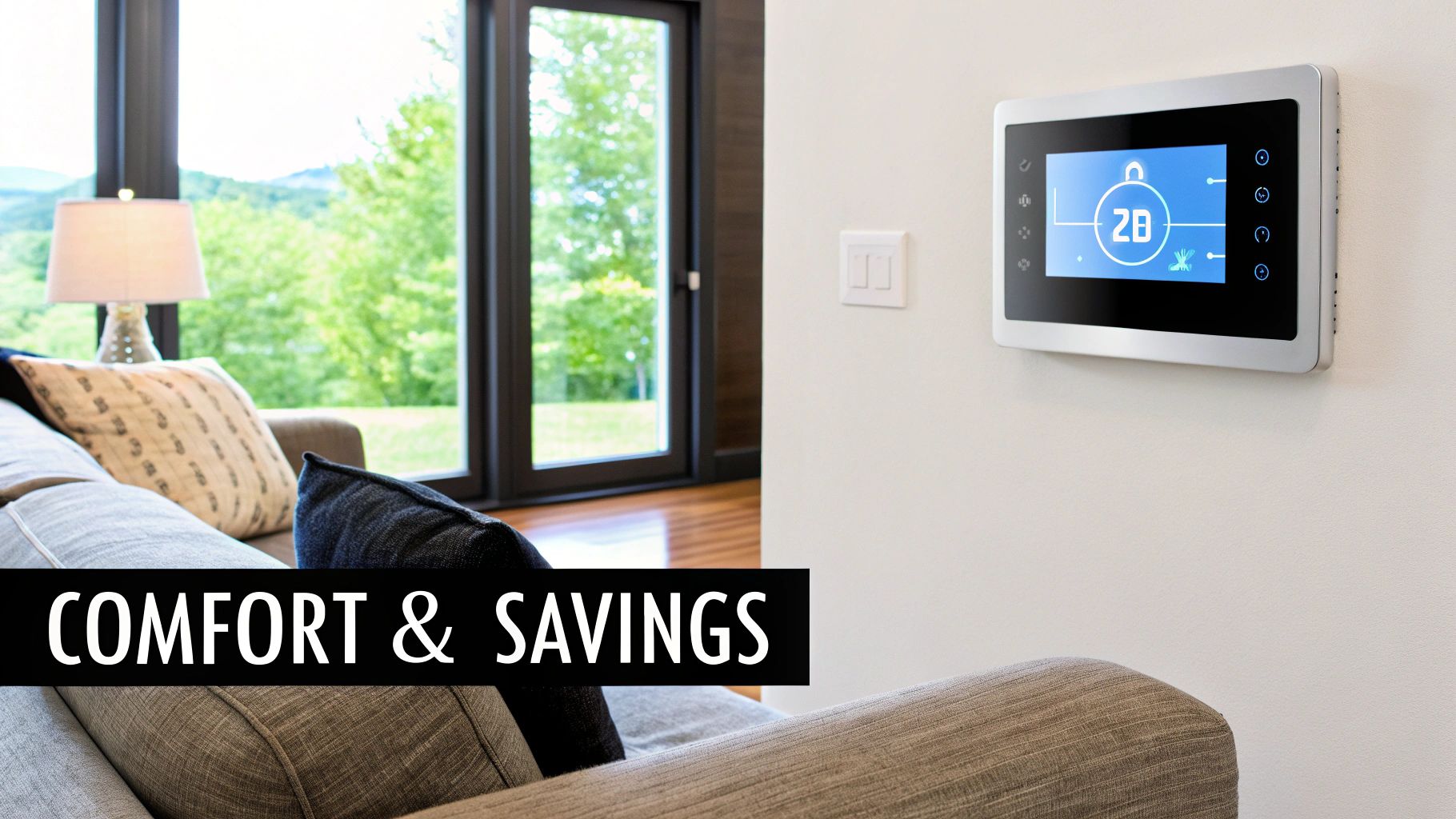 A smart home thermostat on a wall in a modern living room with a view of nature, promoting comfort and savings.