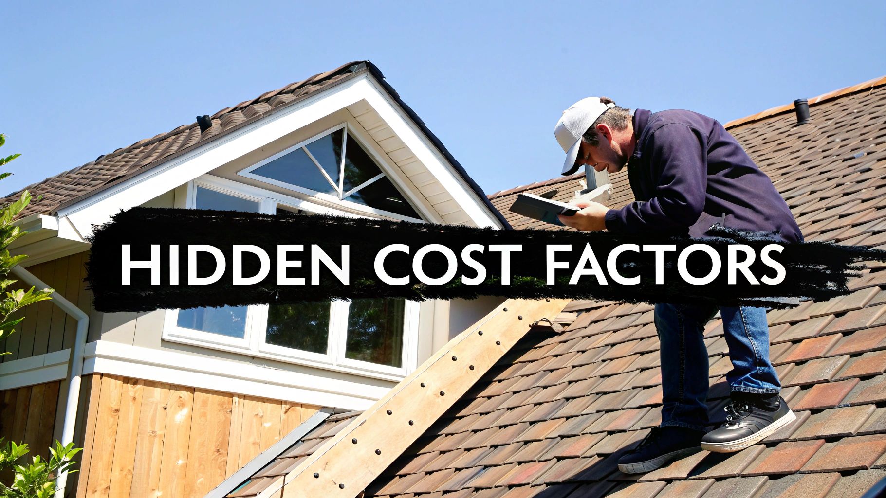 Man inspecting a residential roof with a tablet, highlighting hidden cost factors in roofing.