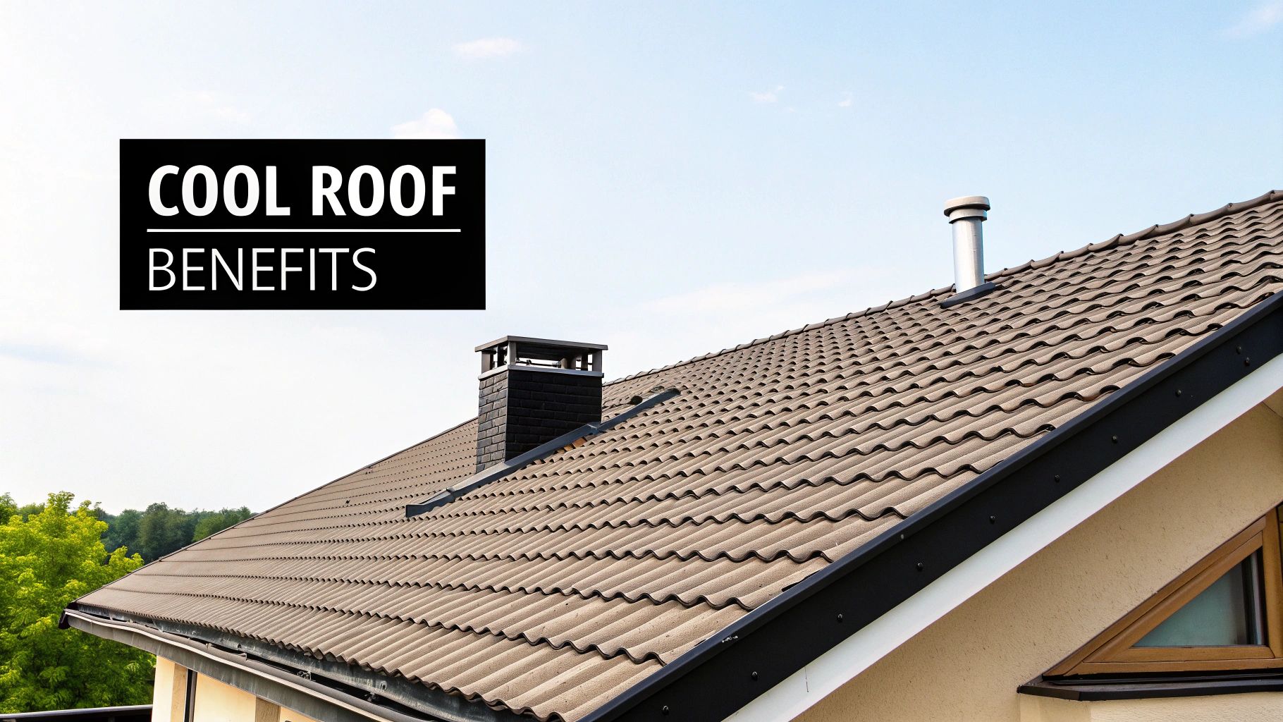 A brown tiled roof of a house with a chimney and a vent, with text 'COOL ROOF BENEFITS'.