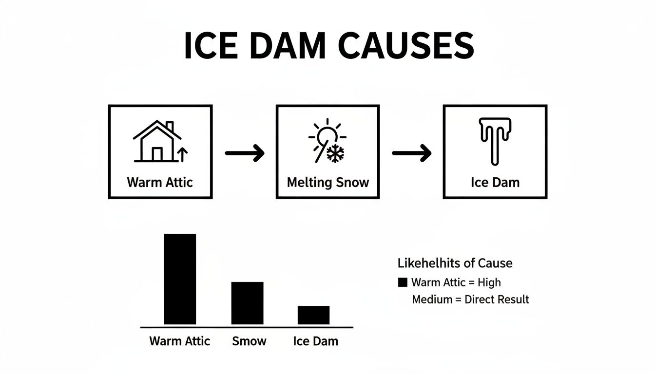 Diagram illustrating how a warm attic causes melting snow, which leads to an ice dam, along with a likelihood chart.