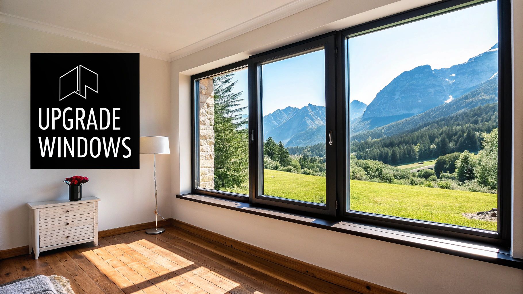 A room with large windows showing a stunning mountain and forest landscape.