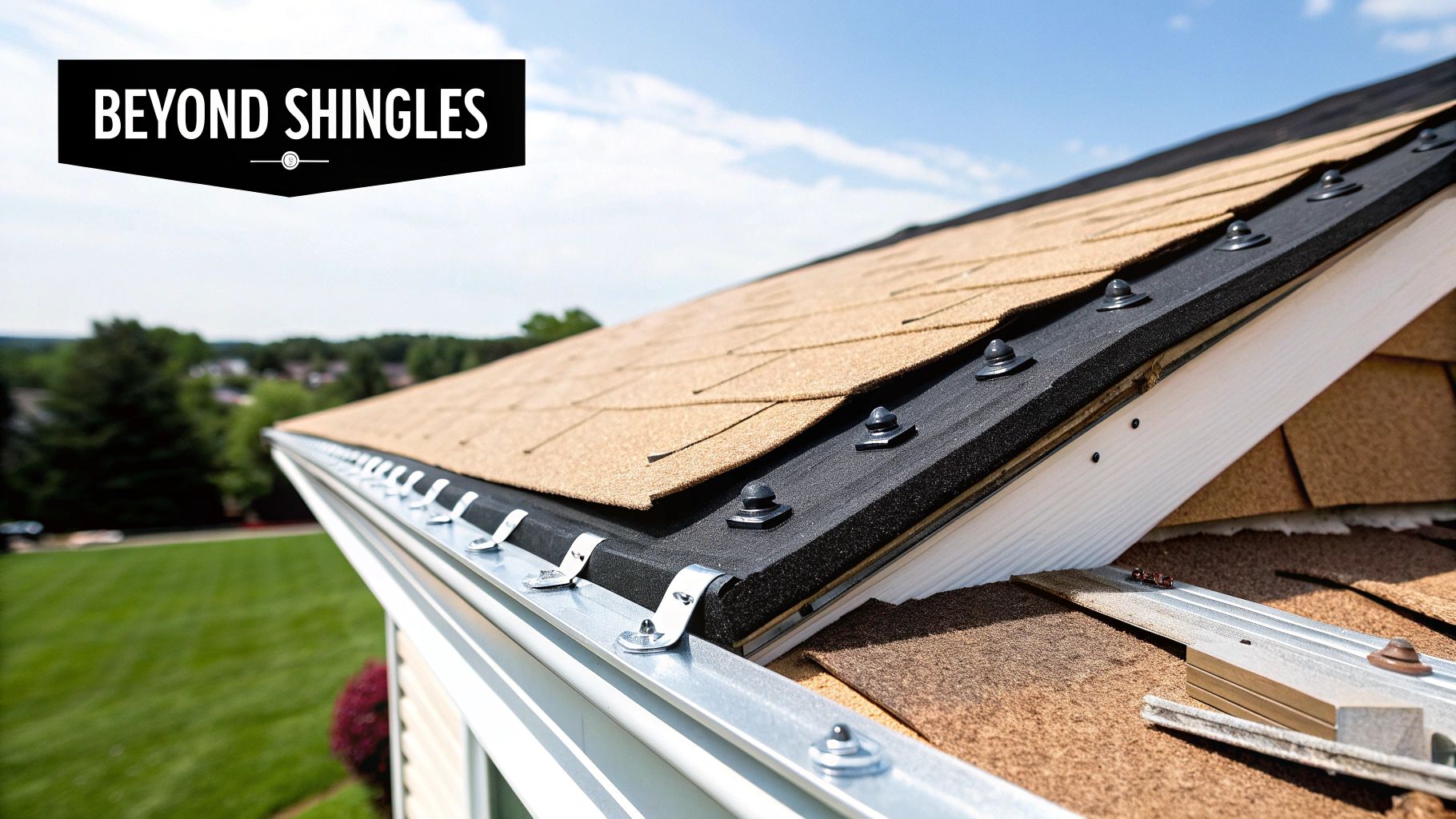 A detailed view of a roof in progress, showing shingles, underlayment, and strong gutter attachments.