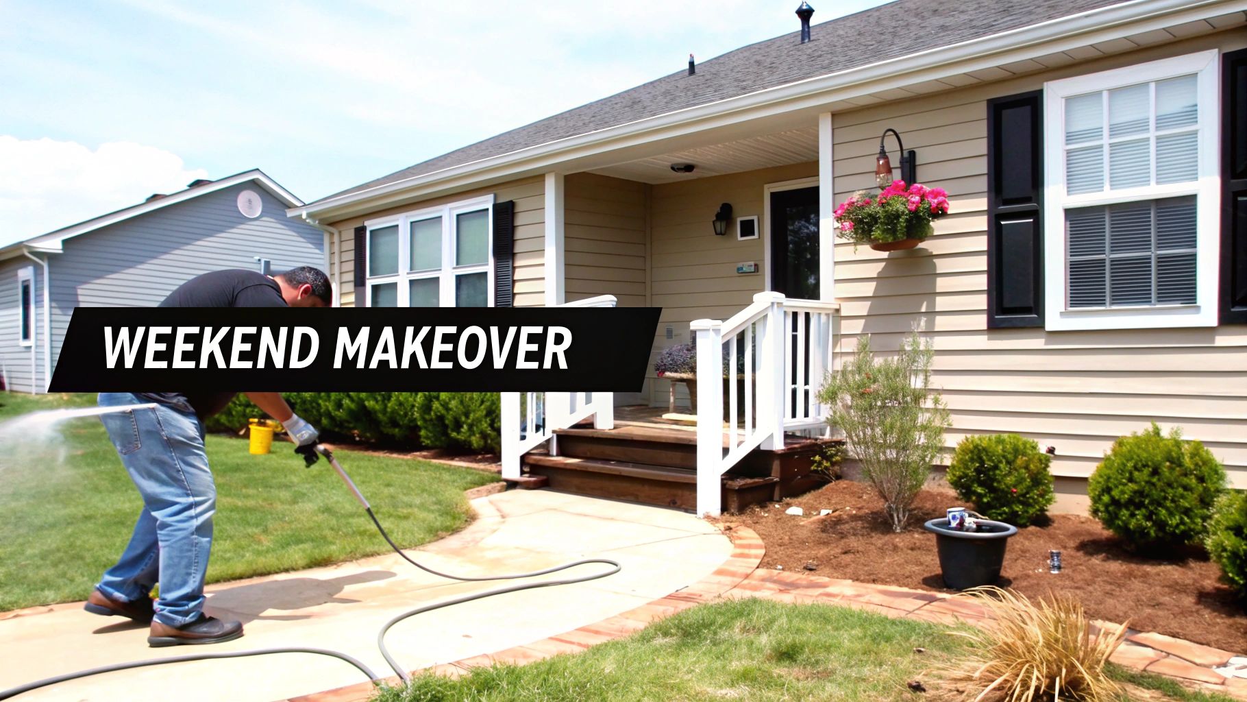 A person pressure washing a concrete sidewalk in front of a house with landscaping.