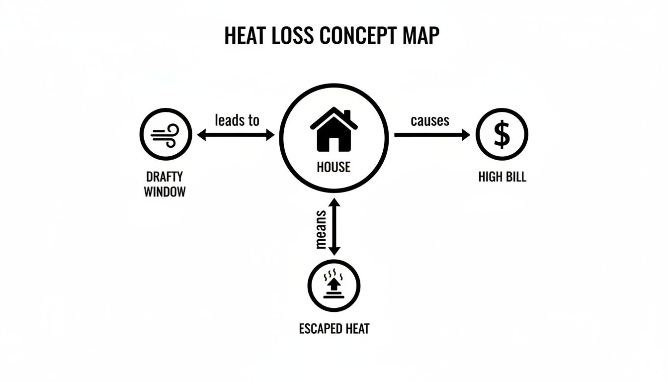 A concept map illustrating how drafty windows lead to heat loss in a house, causing high bills.