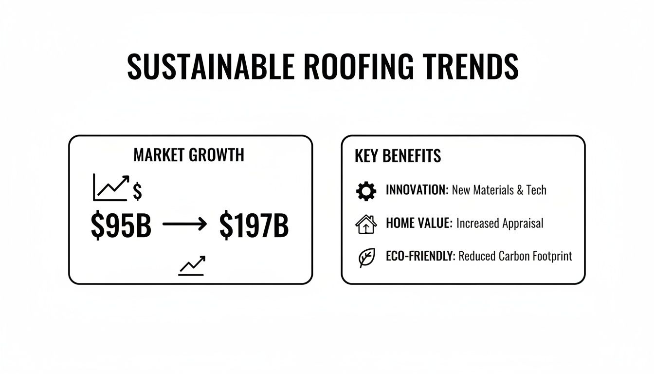 Infographic showing sustainable roofing trends, market growth from $95B to $197B, and key benefits.