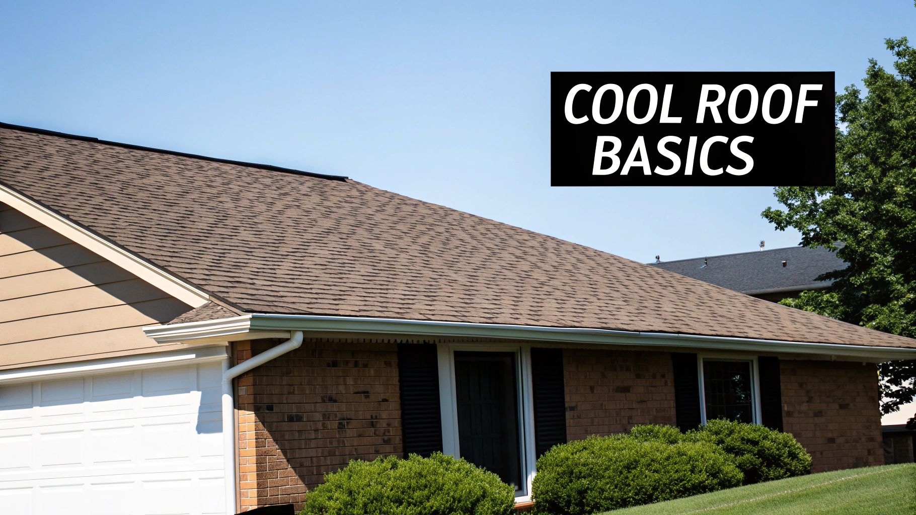 A house featuring a brown shingle roof, brick facade, and white gutters under a clear blue sky.