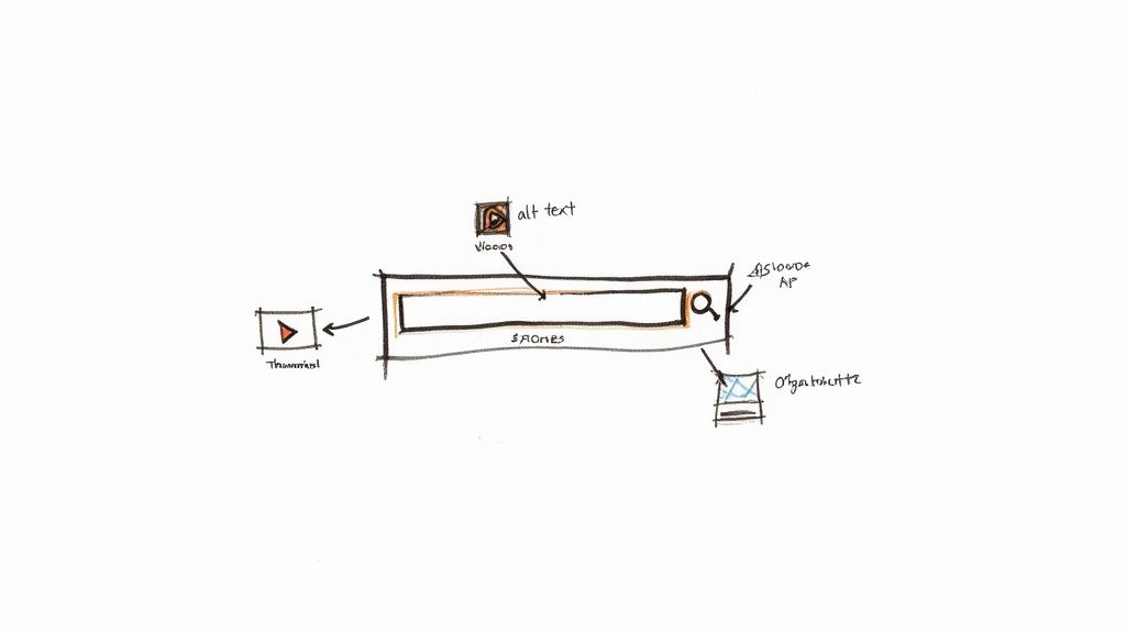 A hand-drawn sketch of a search bar interface with labeled elements for videos, thumbnails, and search results.