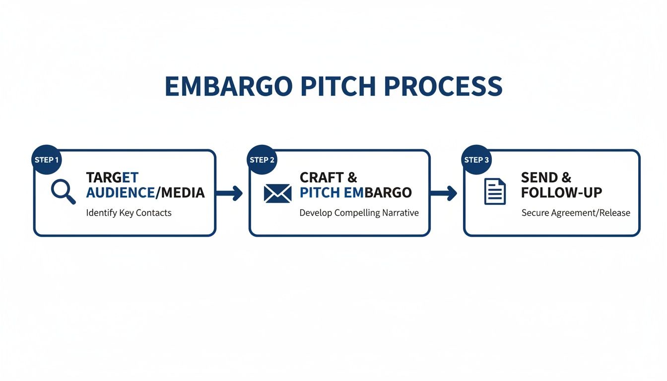 A three-step flowchart detailing the embargo pitch process from targeting to follow-up.
