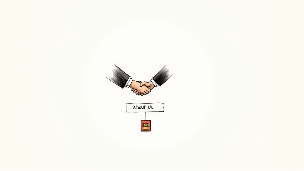 Illustration of two hands shaking, linked to an 'About Us' box and a small icon.