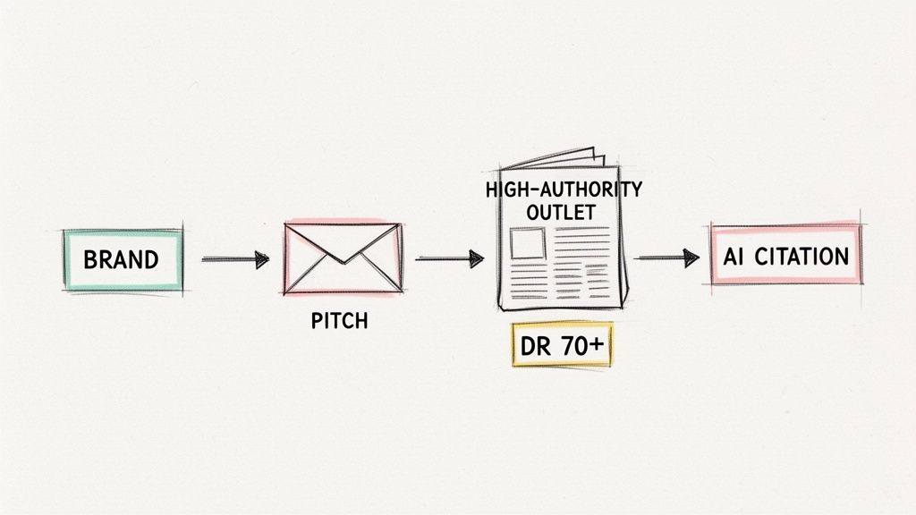 A flowchart illustrates a brand pitching to a high-authority outlet (DR 70+) leading to AI citation.