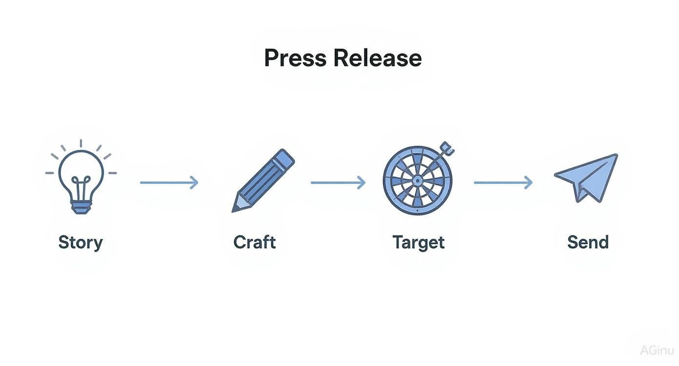 A diagram illustrating the four steps of a press release process: Story, Craft, Target, and Send.