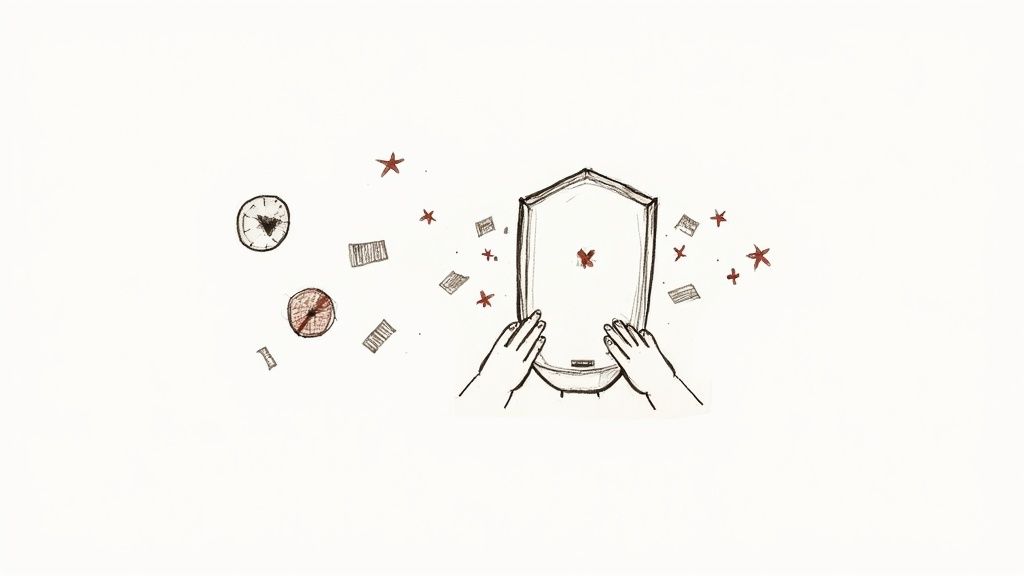 An illustration of hands interacting with a screen, surrounded by feedback symbols like stars and crosses.