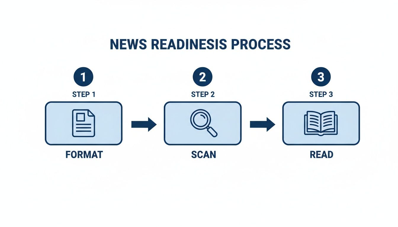 Infographic detailing the three-step News Readiness Process: Format, Scan, and Read.