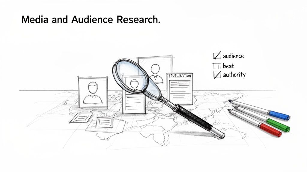 Illustration of media and audience research, showing a magnifying glass, world map, profiles, publications, and a checklist.