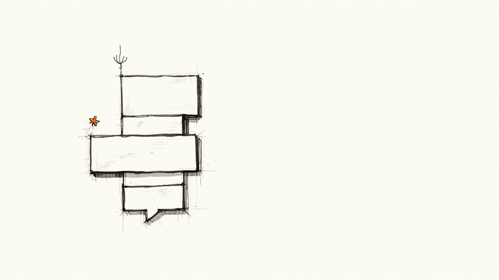 A hand-drawn architectural sketch showing a building plan with rectangular blocks and an orange star.