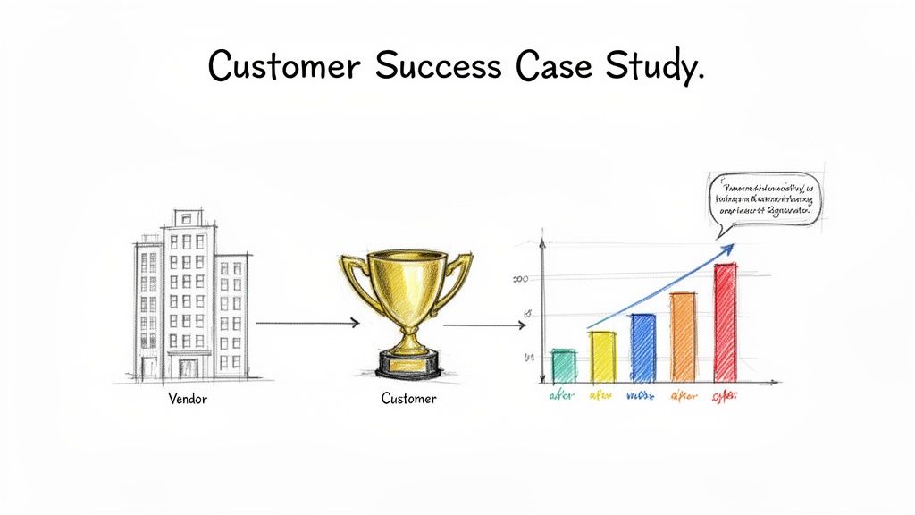 Customer Success Case Study diagram illustrating a vendor, a customer (trophy), and a bar chart showing positive growth.