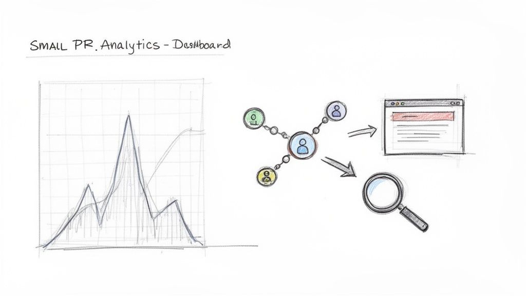 Hand-drawn sketch of a PR analytics dashboard showing data trends, social network, and content analysis.