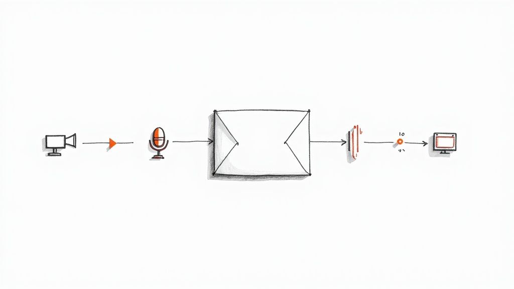 A diagram illustrating media input from camera and microphone, packaged as an envelope, filtered, then displayed on a monitor.