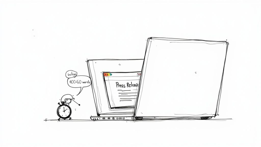 A cartoon alarm clock figure looks at a laptop displaying a 'Press Release' document with a '400-600 words' bubble.