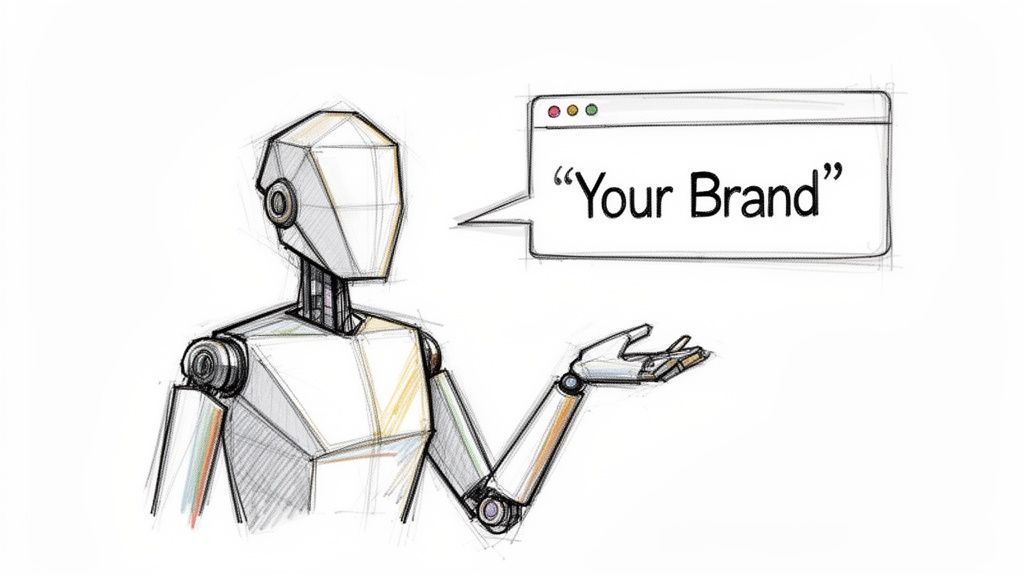 A sketch of a robot presenting a digital speech bubble with 'Your Brand' in a web window.