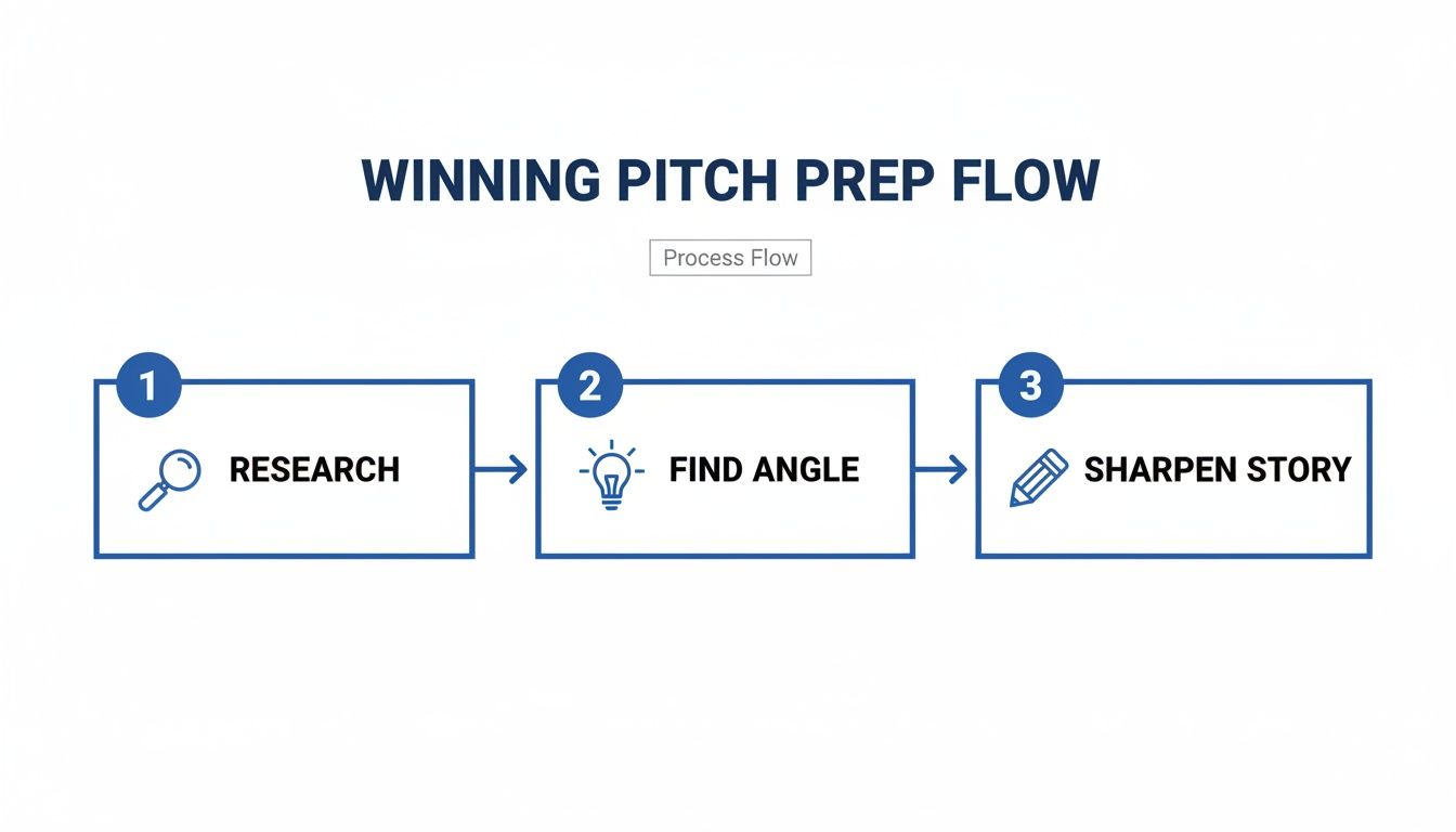 Flowchart showing three steps for winning pitch preparation: research, find angle, and sharpen story.