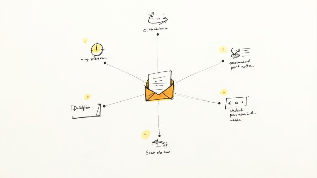 A handwritten diagram showing an open envelope at the center, radiating lines to six related concepts.