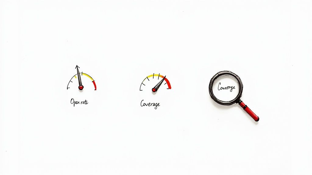 Hand-drawn illustrations of 'Open rate' and 'Coverage' gauges, plus a magnifying glass over 'Coverage' text.