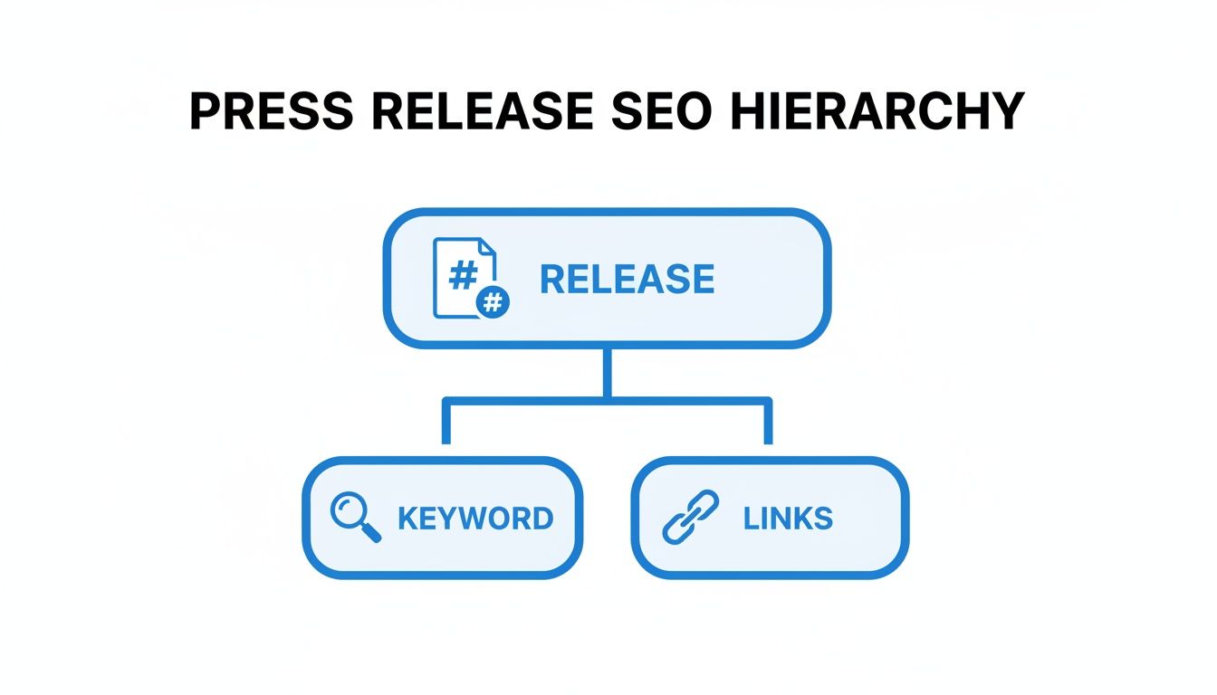 Diagram illustrating the Press Release SEO Hierarchy, showing Release branching into Keyword and Links.