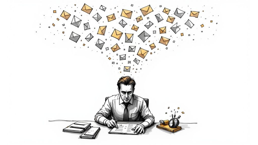 Stressed businessman at desk overwhelmed by flood of incoming email messages and correspondence