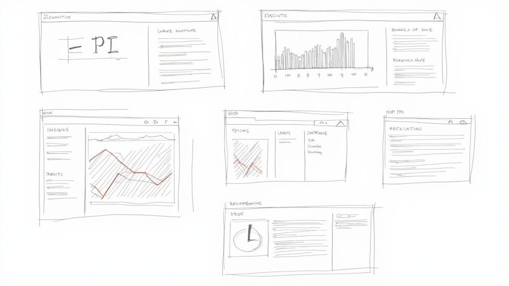 Hand-drawn wireframe sketches showing various PR analytics dashboard layouts with charts and graphs