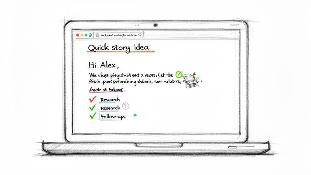 Sketch of a laptop displaying a web browser with a 'Quick story idea' and a creative to-do list.