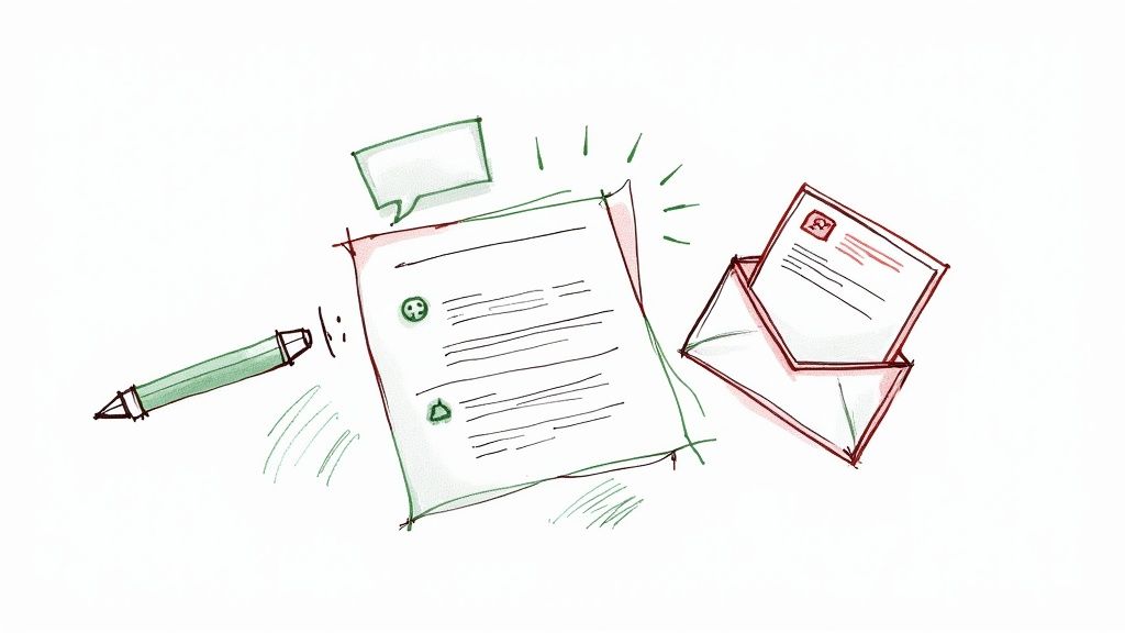 A person writing at a desk, surrounded by notes and a coffee cup, illustrating the creative process of writing a compelling press release.