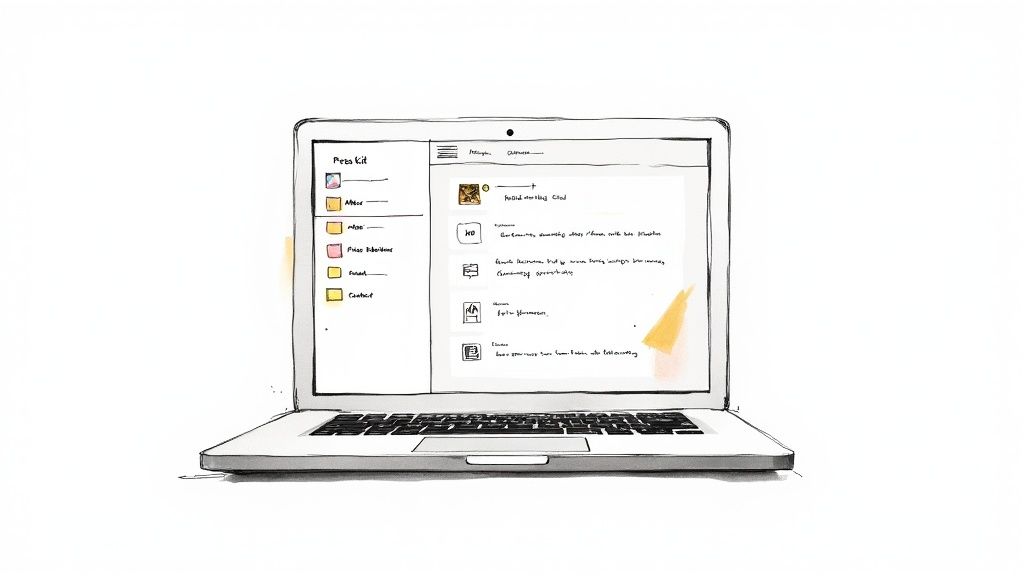 A hand-drawn sketch of a laptop displaying a press kit interface with navigation items.