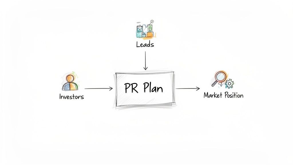 A diagram outlining the inputs like investors and leads, and the output of a PR plan: market position.