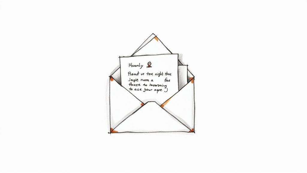 A simple hand-drawn open white envelope with a handwritten note inside.