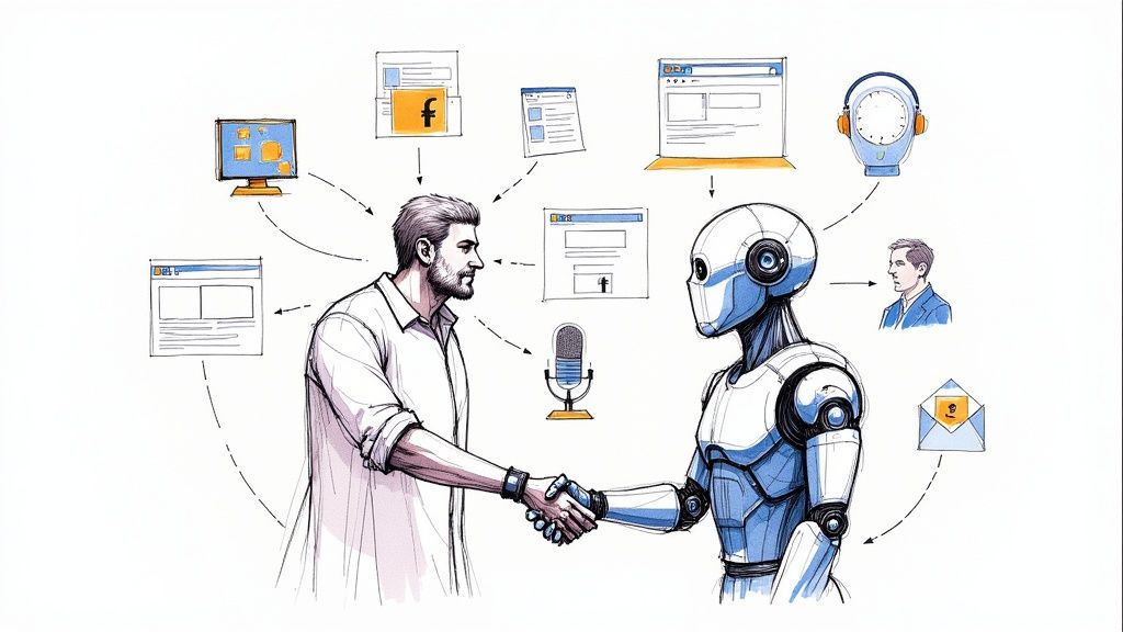 A person's hand holding a smartphone, displaying various social media and news app icons, with a laptop in the background showing a digital news feed.