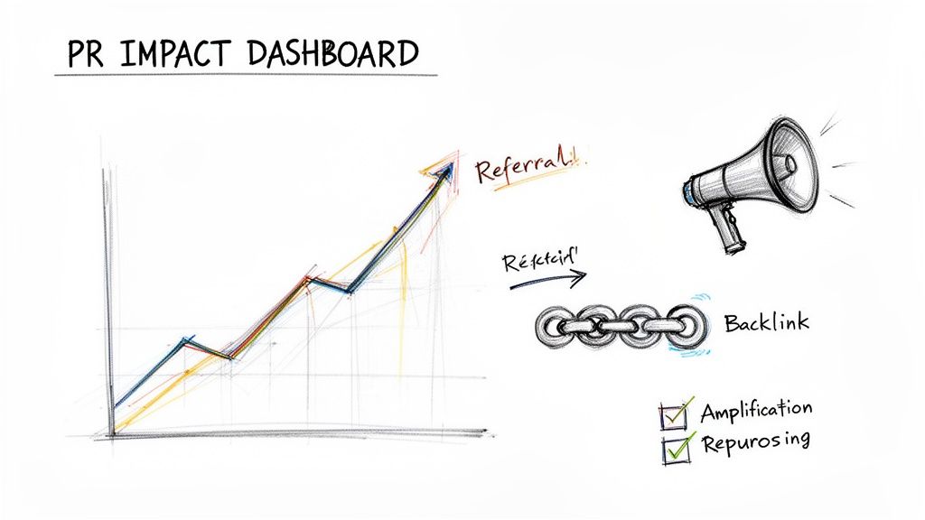 PR impact dashboard sketch illustrating key metrics like referrals, backlinks, amplification, and content repurposing.