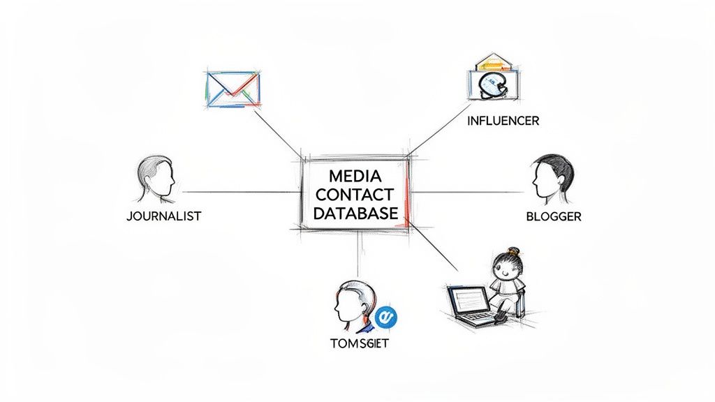 Diagram showing a media contact database connecting various media professionals, influencers, bloggers, and Tomsgiet.