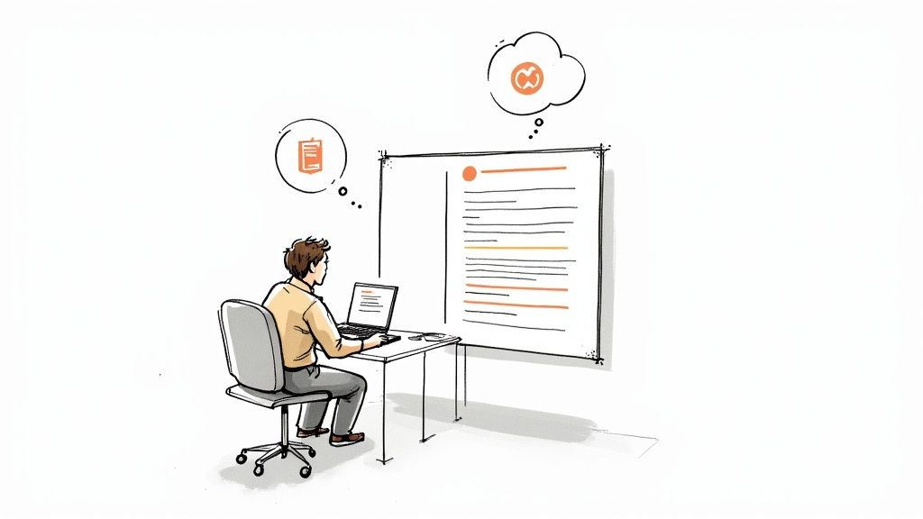 An illustration of a person working on a laptop, reviewing a document with highlighted text and thought bubbles.