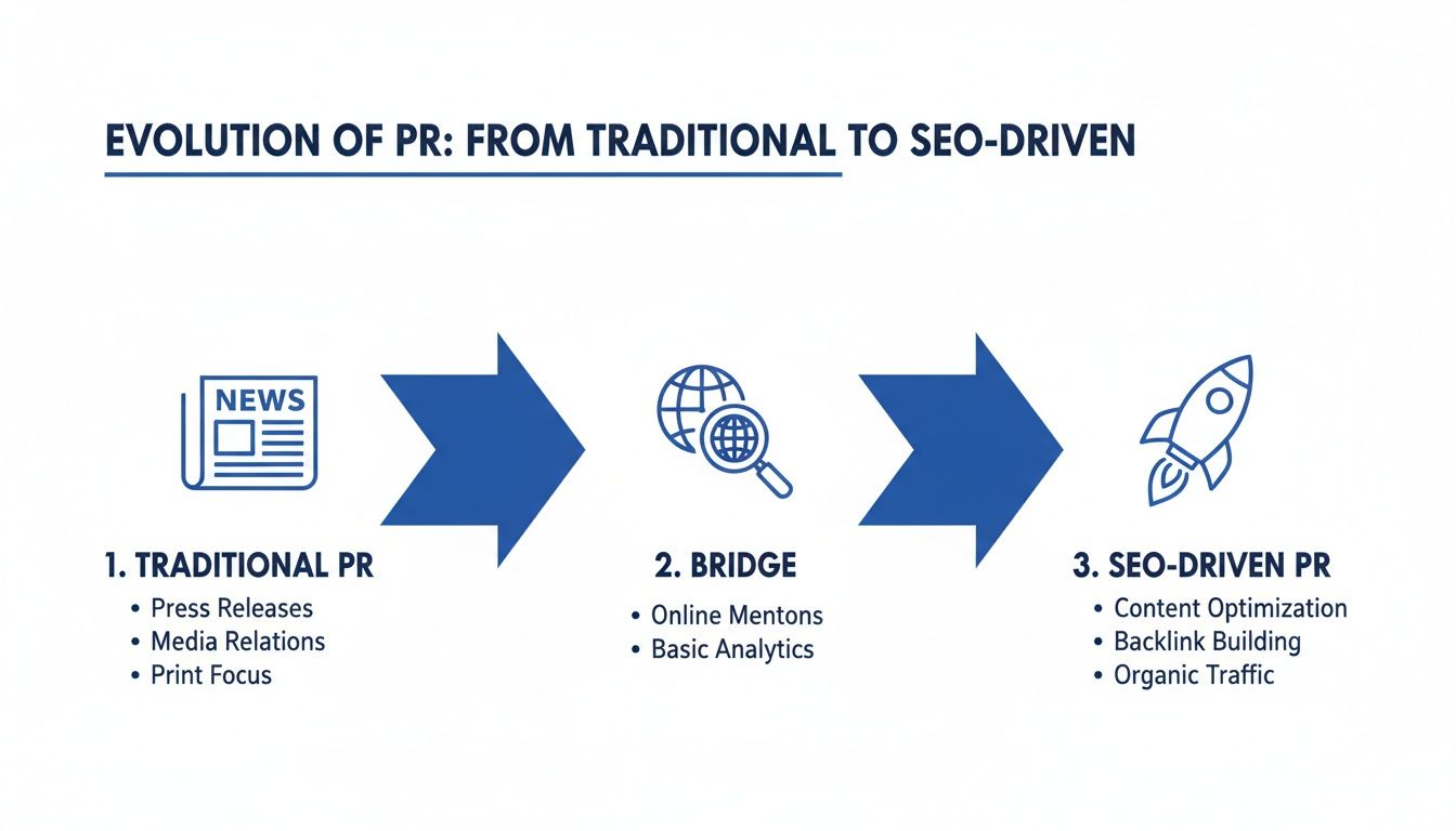 An infographic showing the evolution of PR, from traditional methods to SEO-driven strategies with key steps.