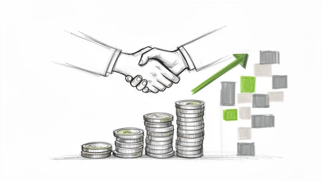 A sketch of a handshake above increasing coin stacks, an upward arrow, and a growth chart.