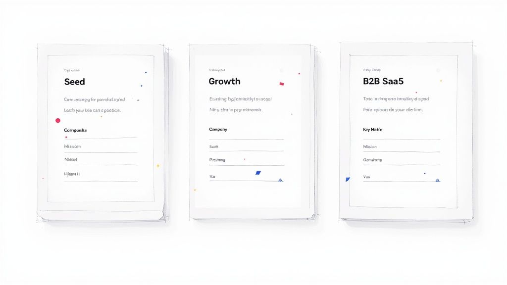 Three white cards displaying business investment stages: Seed, Growth, and B2B SaaS, with company lists and metrics.