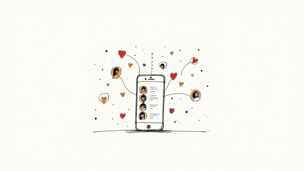 Hand-drawn smartphone connecting to diverse user profiles and hearts, symbolizing social networking or dating.